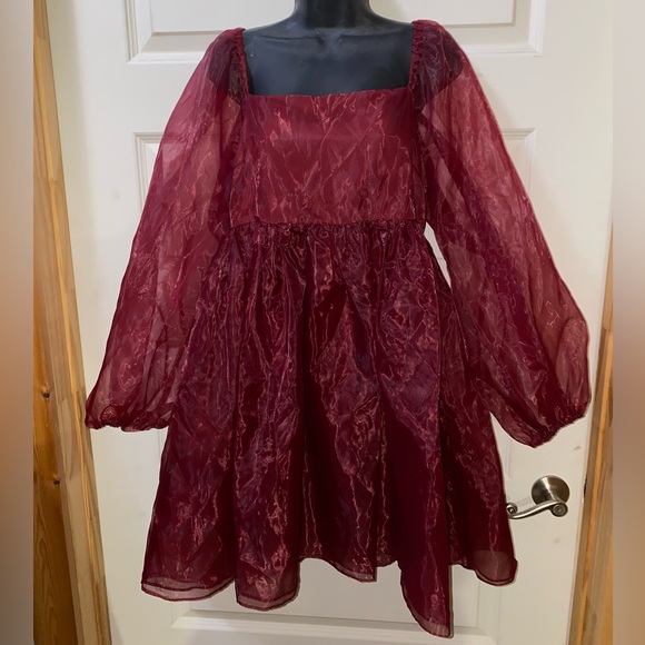 Altar'd State Women's Maroon Liz Babydoll Puff Sleeve Dress Size Large NWOT. - Picture 4 of 10